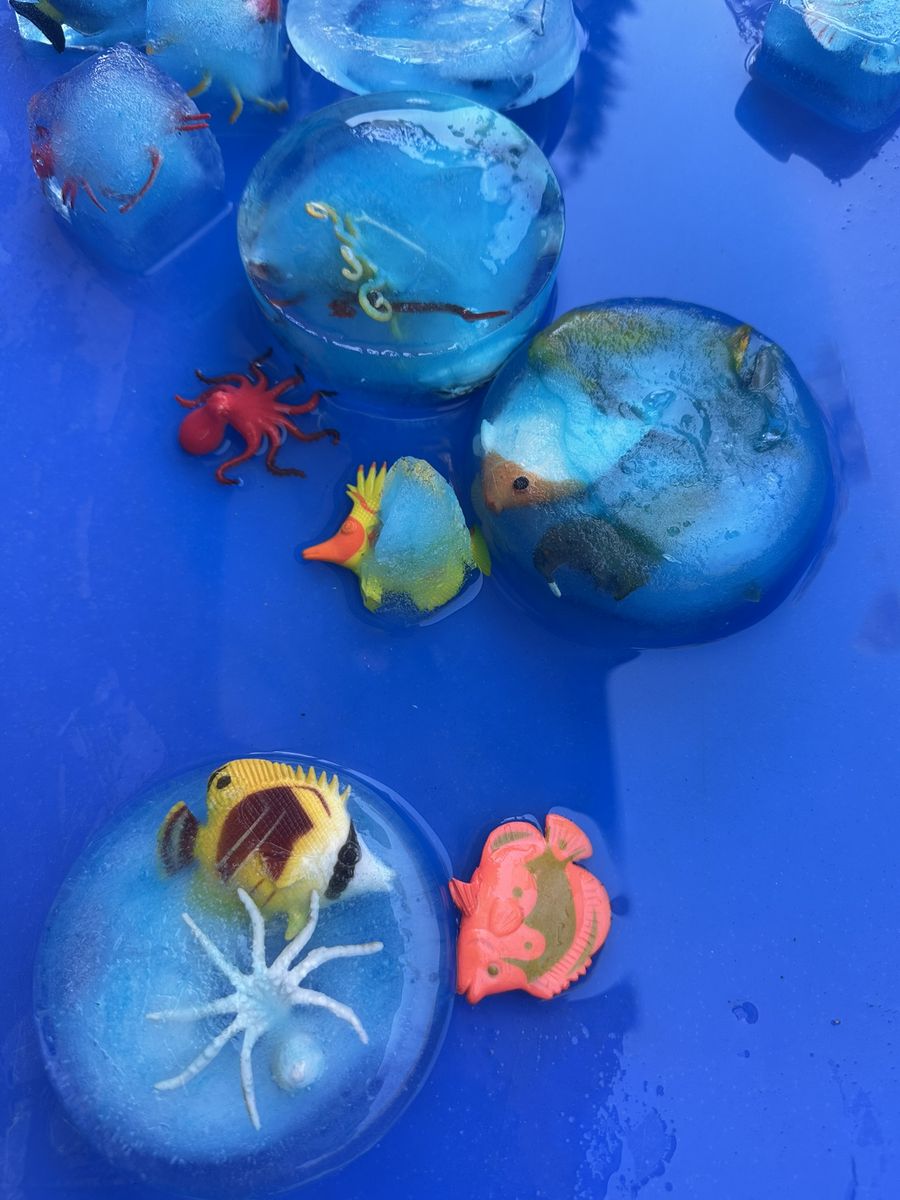 Children exploring an ocean-themed ice sensory activity at Butterflies Academy
