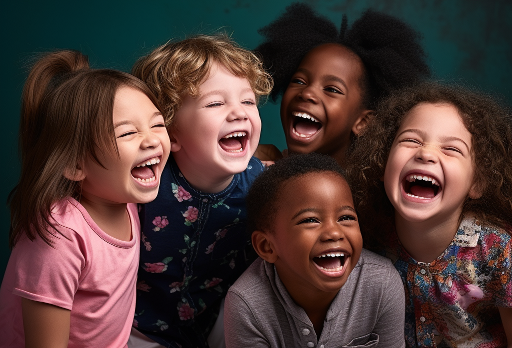 A diverse group of children laughing together